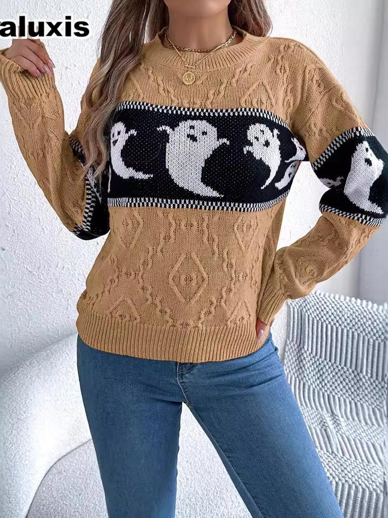Autumn  Halloween Theme Ghost Color Block Long Sleeve Crewneck Sweater Women's  Clothing