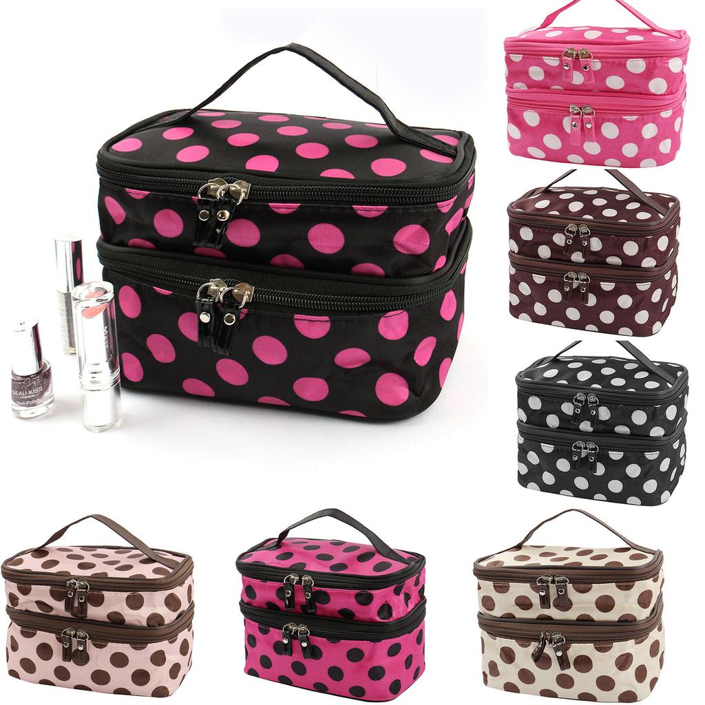 Travel Cosmetic Makeup Bag Organizer Double Layer Dot Pattern Toiletry Bag Case Pouch With Mirror For Woman