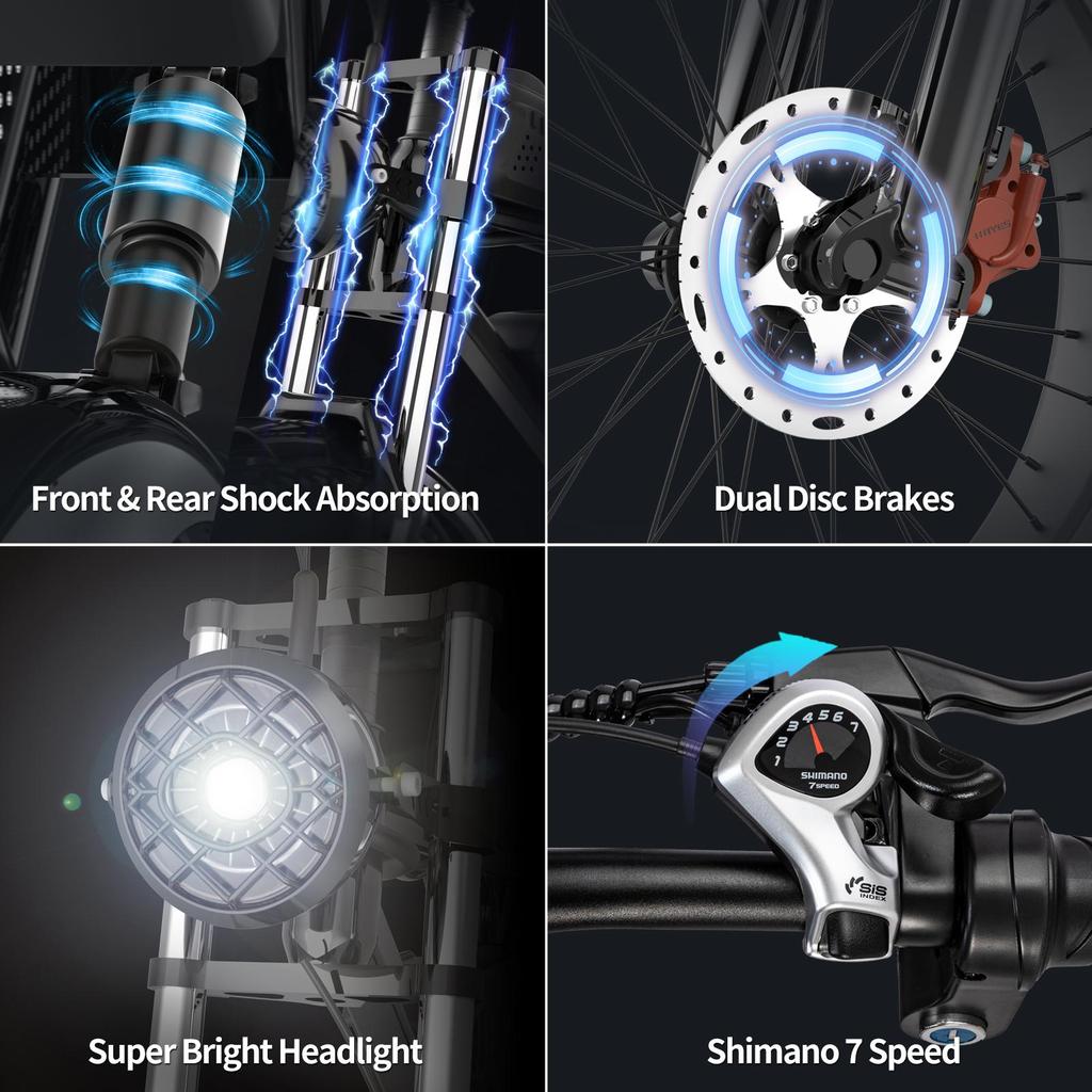 Elektrofahrrad YVY 20" 1500W Motor Erwachsenen E-Bike Höchstgeschwindigkeit 50km/h 48V 20AH Maximale Reichweite 90km Vorderradgabel Federung Schwarz C20