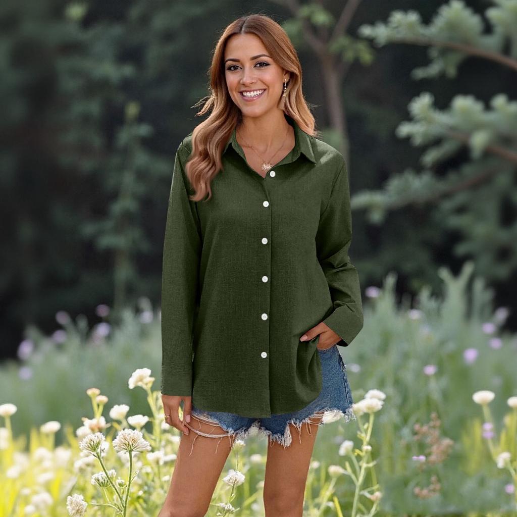 Women's Casual Solid Color Tops Long Sleeve Button Loose Breathable Shirt