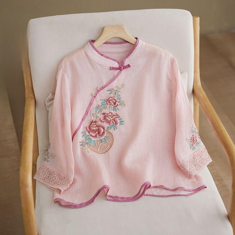 women s Mandarin Collar Frog Button Embroidered Linen Blouse Chinese Style 3/4 Sleeve Shirt M розовый