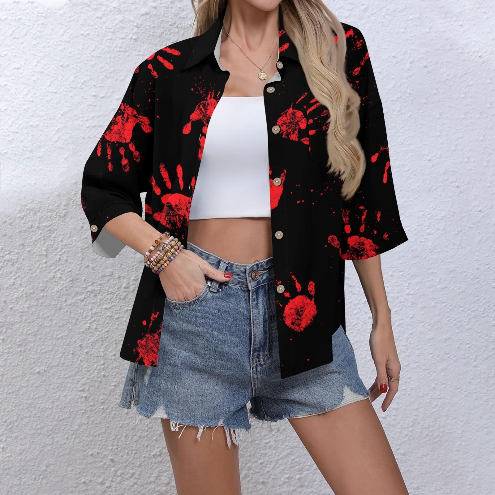 

Женская повседневная рубашка на пуговицах с принтом, рубашка-платье с рукавом три четверти, рабочая рубашка с лацканами и карманами M красный