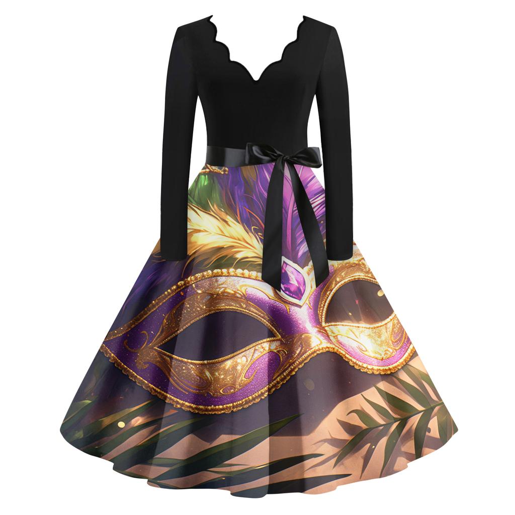 Women's Casual Fashion V Neck Long Sleeve Printed Vintage Long Dress