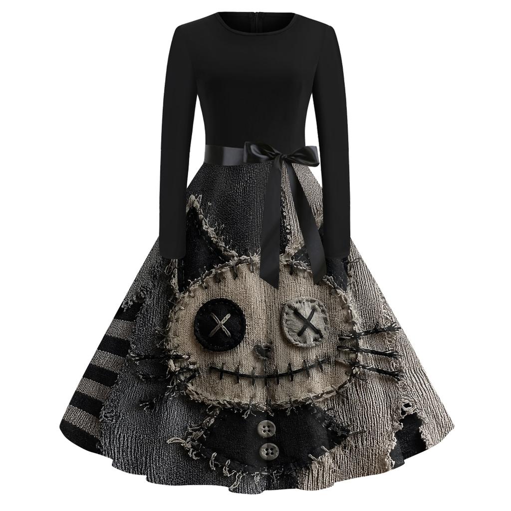 Damen Vintage Rundhals Langarmkleid mit Halloween-Print für Freizeit und Alltag