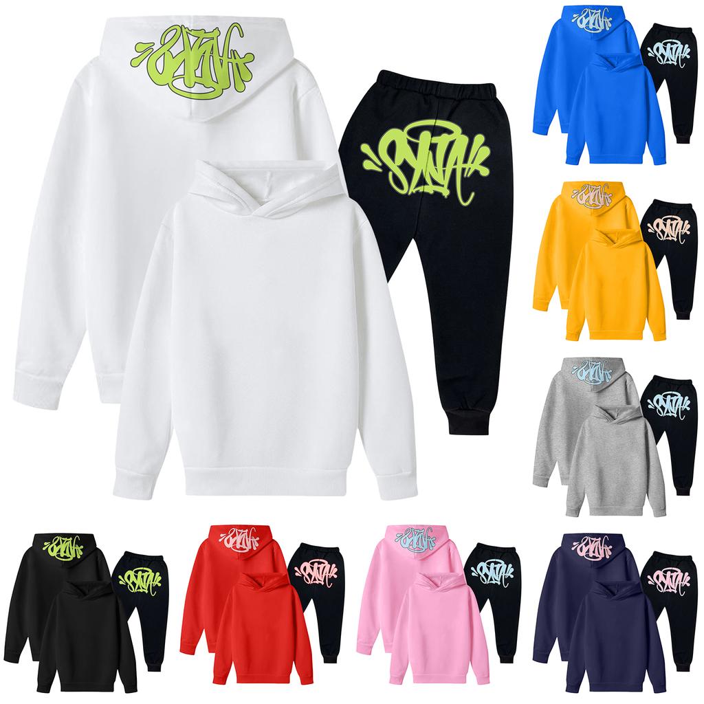 Kids' Long Sleeve Loose Pullover Letter Print Drawstring Hooded Sweatshirt Set