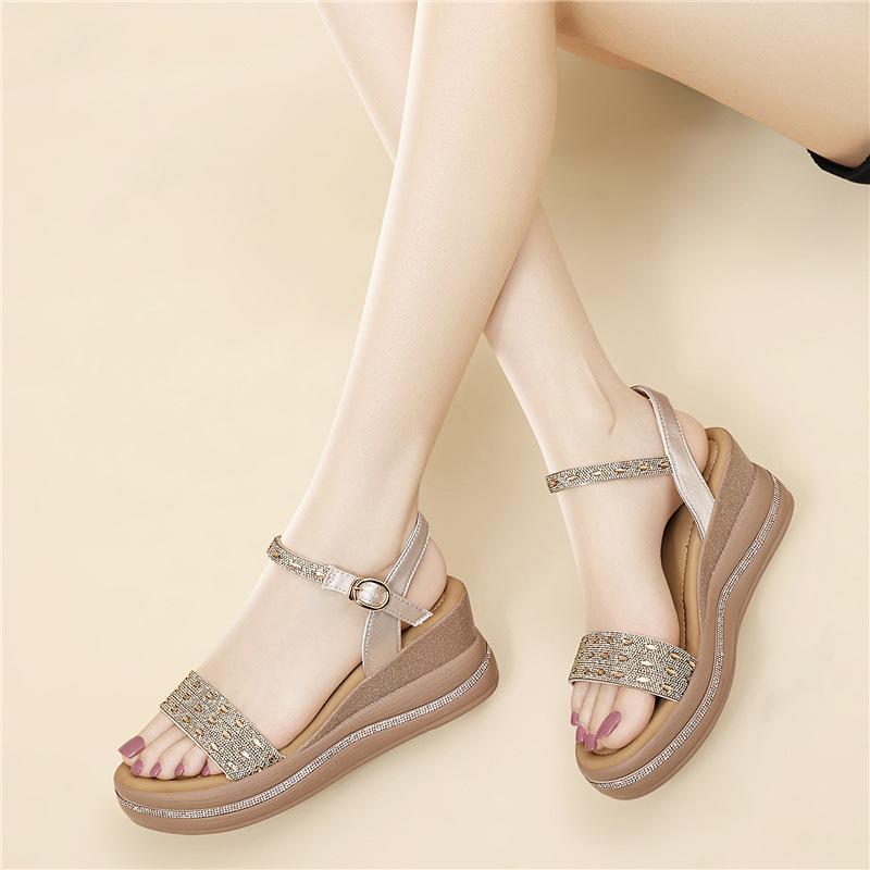 Strassbesetzte Damensandalen, sommerliche Sandalen mit Plateauabsatz, hohem Absatz, ideal für Pendler, Freizeit, Alltag, Alltag, Freizeit, vielseitig, bequem und leicht.