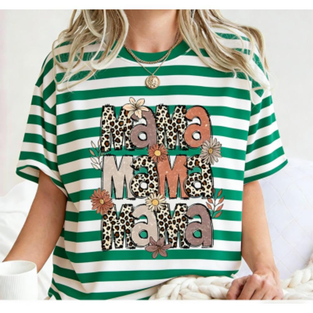 Funny Grid Stripe Leopard Mama Print Women's Short Sleeves T-Shirt Loose Casual Summer Outdoor Street Women's Tees Tops