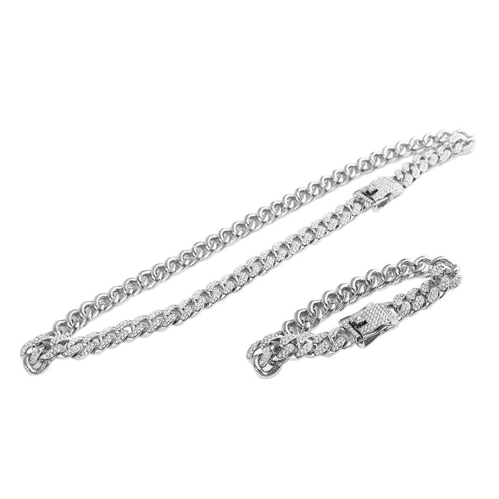 Necklace Bracelet Set Alloy Rhinestone Easy Open Buckle Hip Hop Bracelet Set Silver Gift