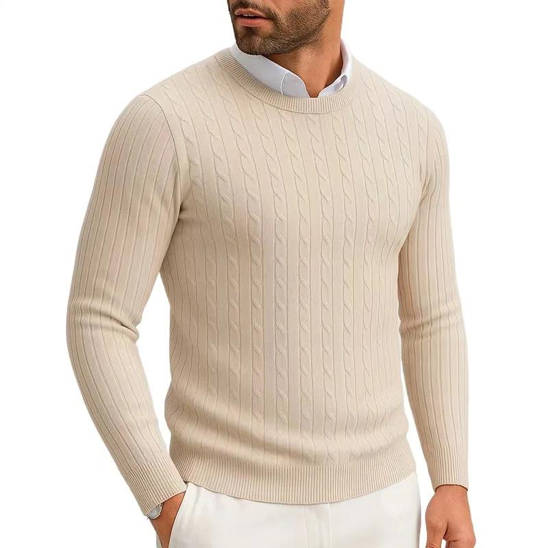 Herren Rundhals Strickpullover Passform Langarm Freizeitpullover Winter Warm Zopfmuster Zopfstrickpullover