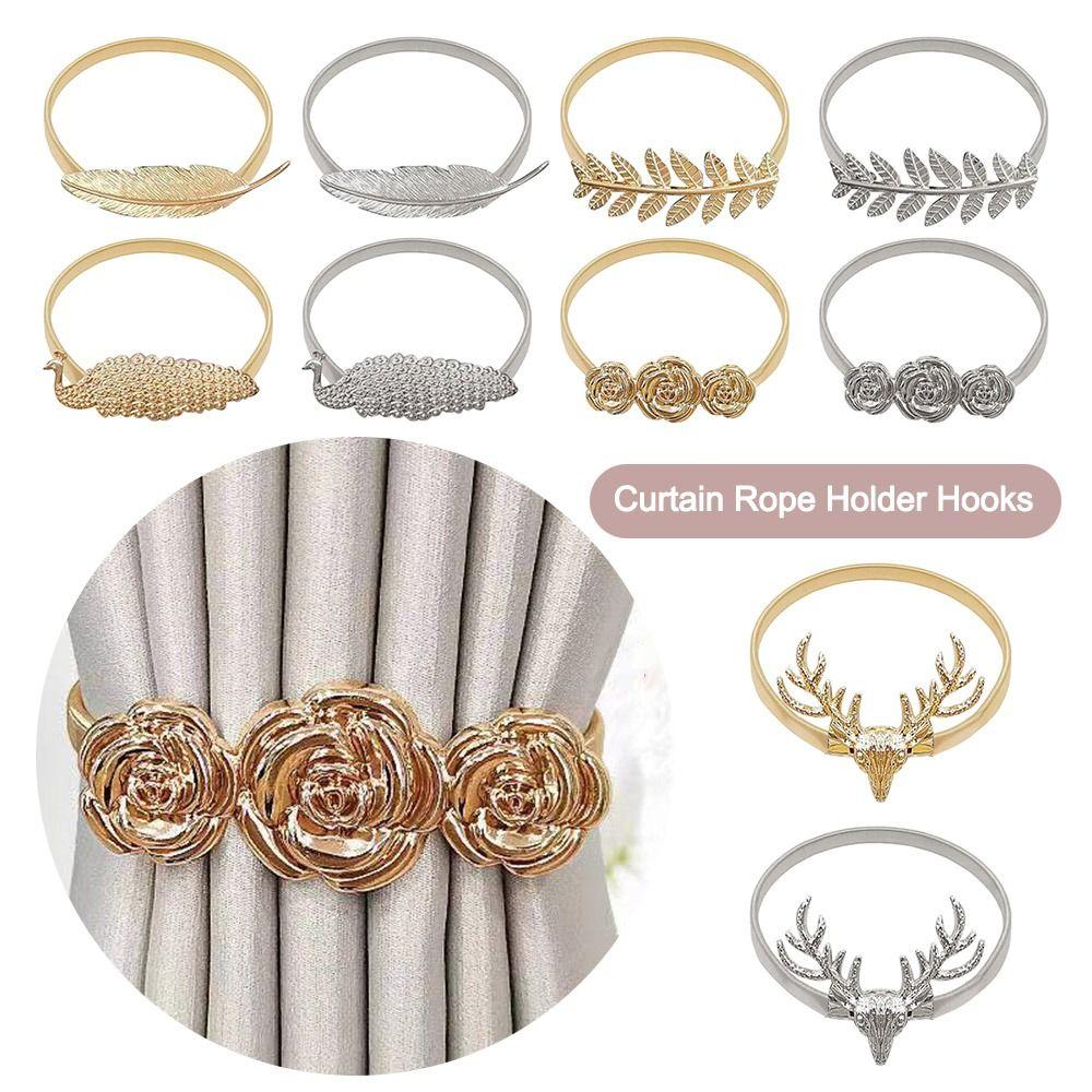 Elk Feather Curtain Tieback Elastically Leaf Peacock Peony Curtain Rope Holder Hooks DIY Stretchable Curtains Tie Backs