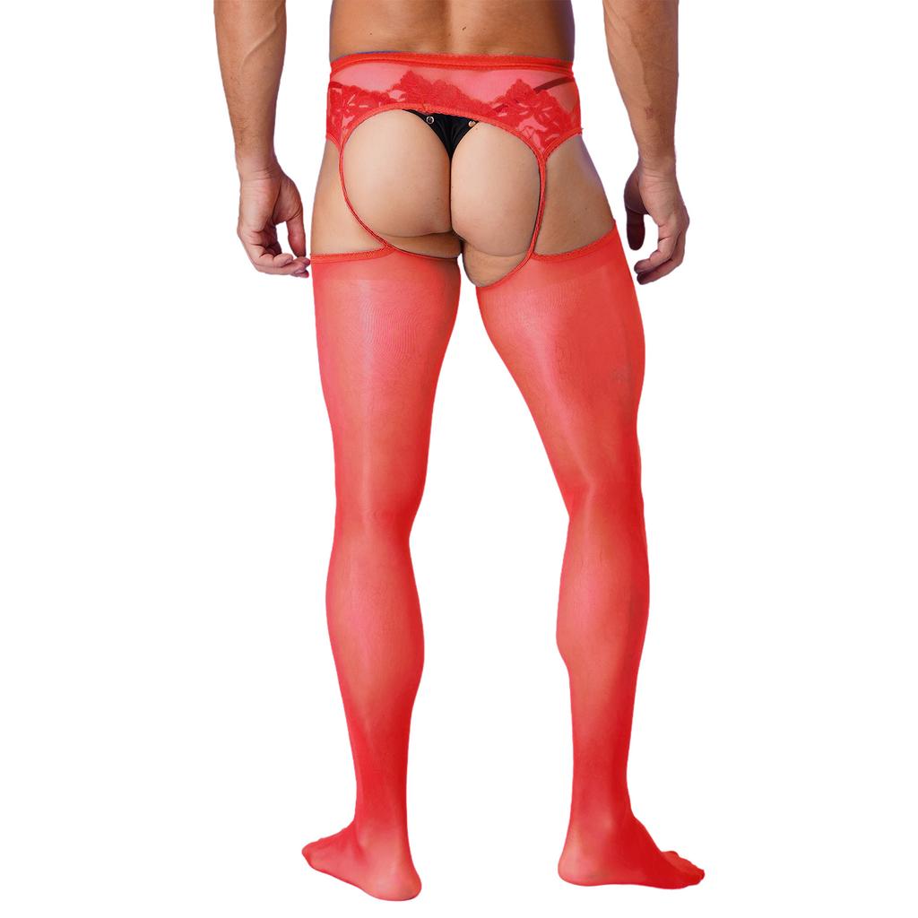 Mens Crotchless Pantyhose Floral Lace Patchwork Design Cutout Leggings One Piece Garter Stockings
