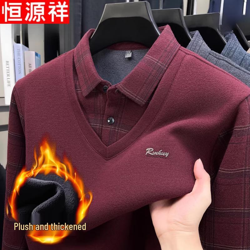 Hengyuanxiang Men's Faux Two-Piece Fleece-Lined Polo Shirt