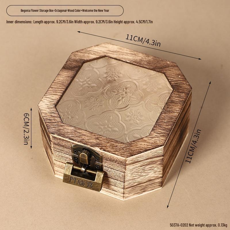Retro Begonia Glass Lid Wooden Storage Box for Cosmetics, Snacks, Candy, and Documents - Dustproof and Multifunctional