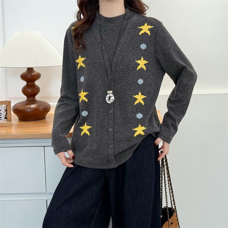 

2025 Winter Plus Size Thickened Stand Collar Printed 2-Piece Look Velvet Pullover Shirt 3XL сірий колір
