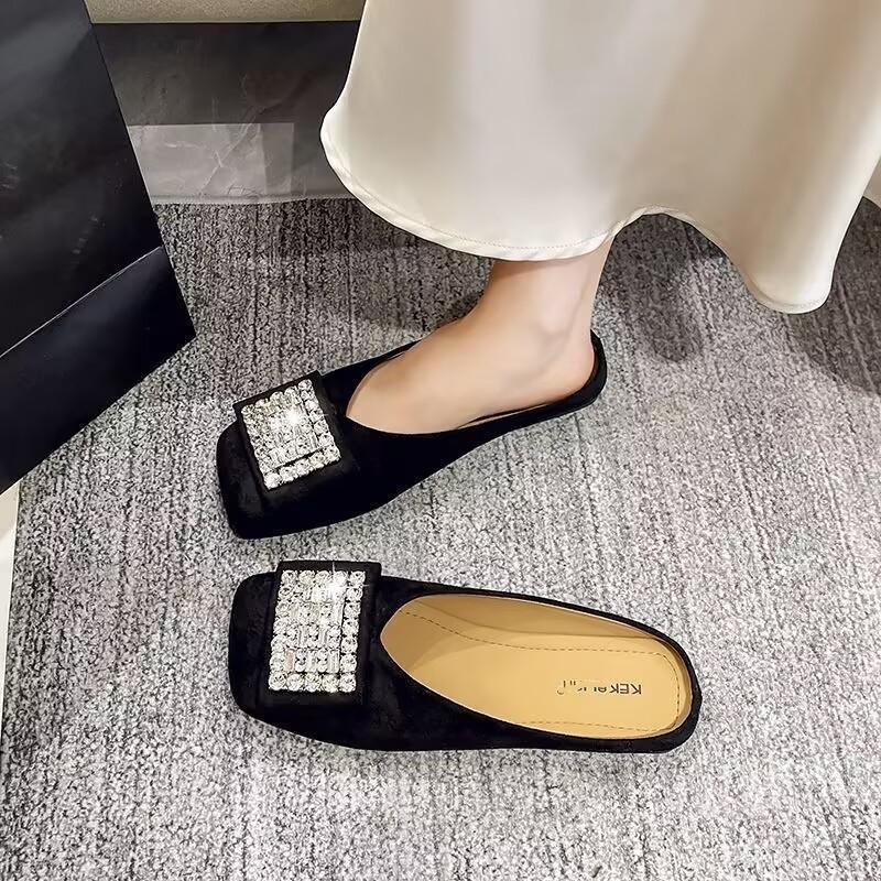 Fashion bag head half slippers women's new summer wear versatile non-slip rhinestone square head flat sandals