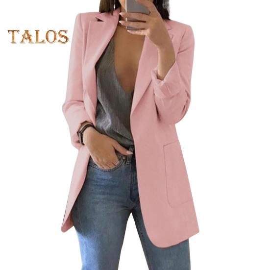 

Женский пиджак с лацканами, длинный рукав, открытый спереди, однотонный пиджак в городском стиле, весна-осень, деловая верхняя одежда L розовый