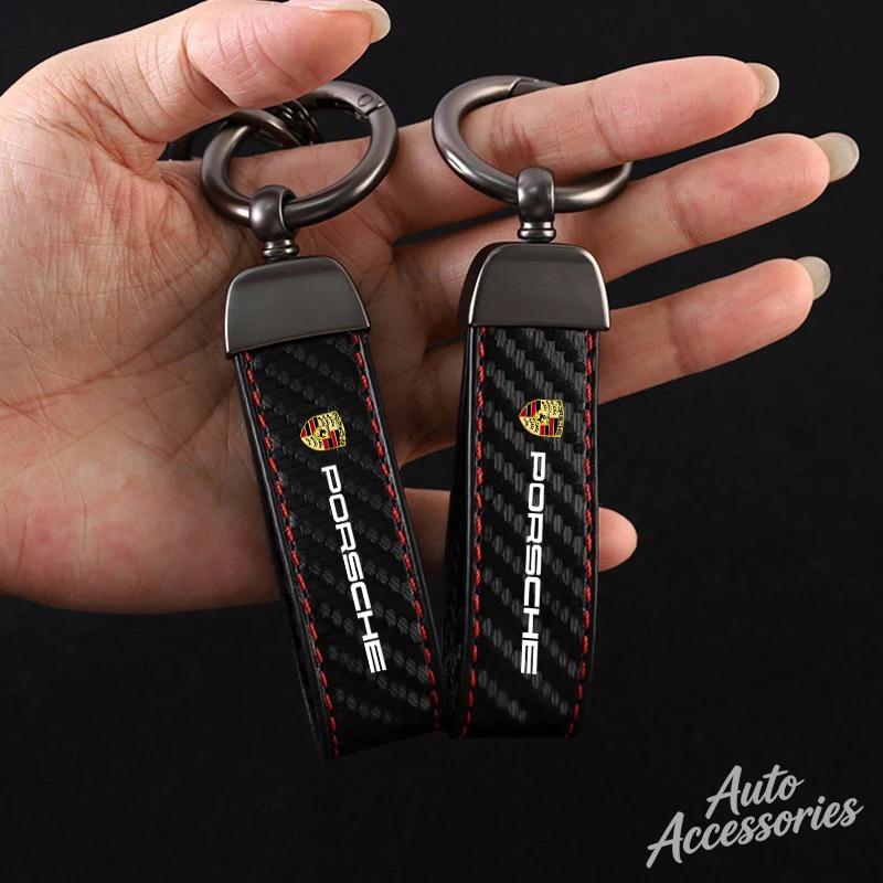 Portachiavi per Auto in Pelle Fibra di Carbonio Ciondolo Chiave Portachiavi Per Porsche Cayenne Panamera Macan 911 718 Taycan Boxster Cayman 918 Pajun