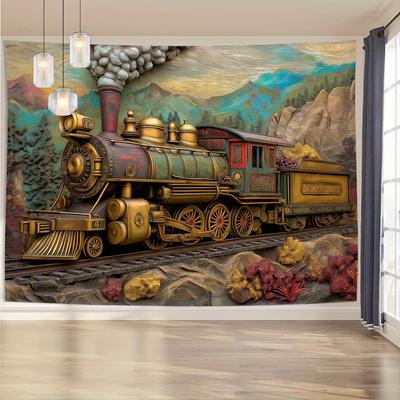 3D Vintage Steam Train Wall Tapestry, Polyester, 1pc, Home & Office Decor, Living Room Bedroom Party Decoration, No Feather