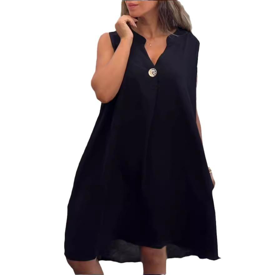 

GMXIA женские модные летние весенние однотонные повседневные платья с короткими рукавами и v-образным вырезом и высокой талией XXL чёрный