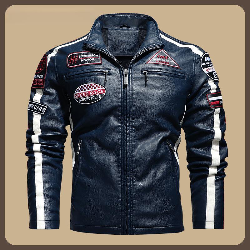 American Plus-Size Men'S PU Jacket Motorcycle Racing Suit Men'S Leather Jacket With Fleece Lining Thin Style With Logo And Contrasting Colors