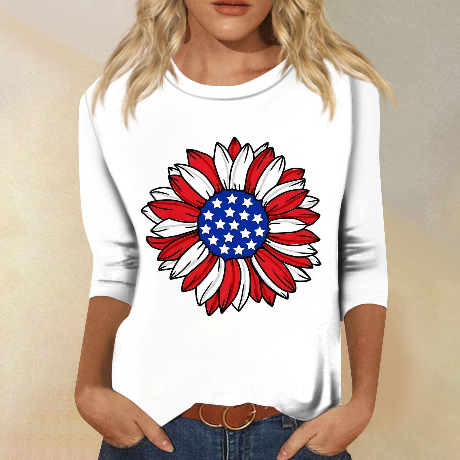 

Женская мода повседневный топ с круглым вырезом и принтом на День независимости с семью рукавами XL белый