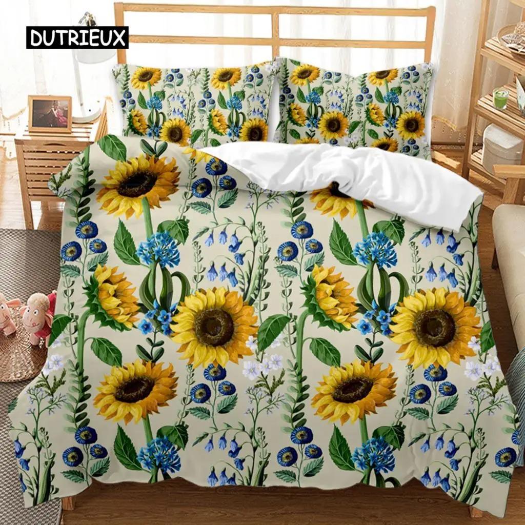 Sunflower Duvet Cover Set Girly Yellow Floral Print Twin Comforter Cover Women Blossom Flowers