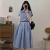 New French High-end Blue Striped Shirt Dress Children's Summer Temperament Waist Polo Dress