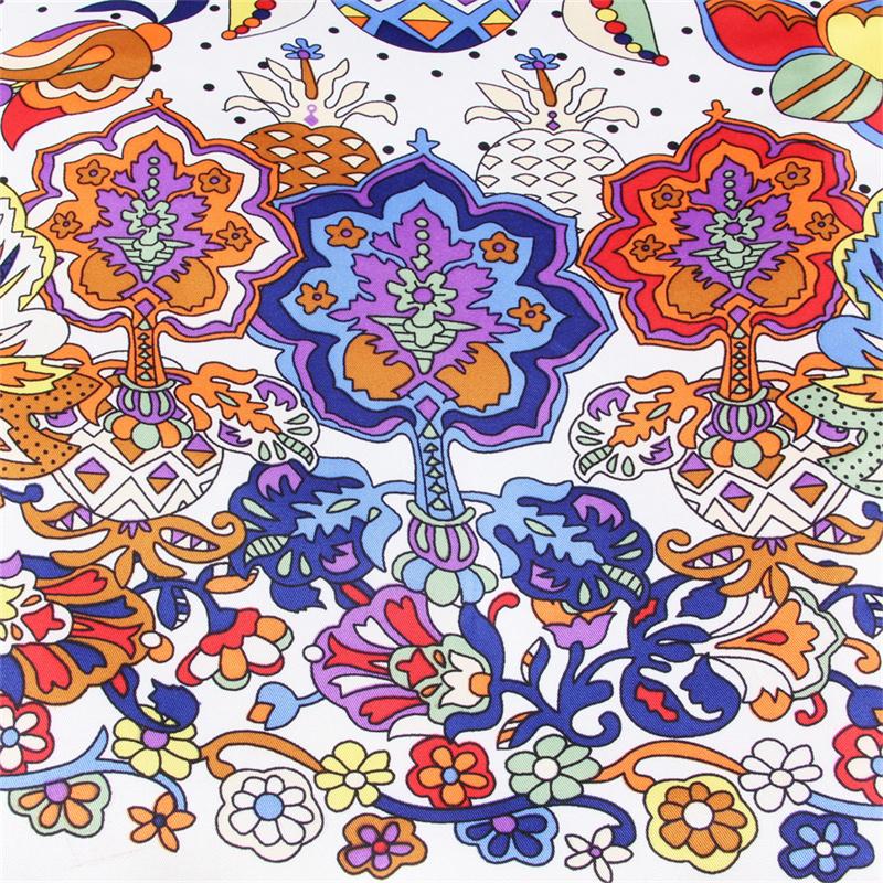 POBING Silk Scarf Women Large Shawls Flowers Print Stoles Square Bandana Luxury Kerchief Hijab Female Foulards 130CM