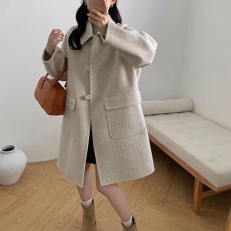 

Пальто из двухсторонней шерсти средней длины с кукольным воротником, однобортное на три пуговицы, с накладными карманами, кашемировое двухстороннее шерстяное пальто для женщин M (120-70 kg)