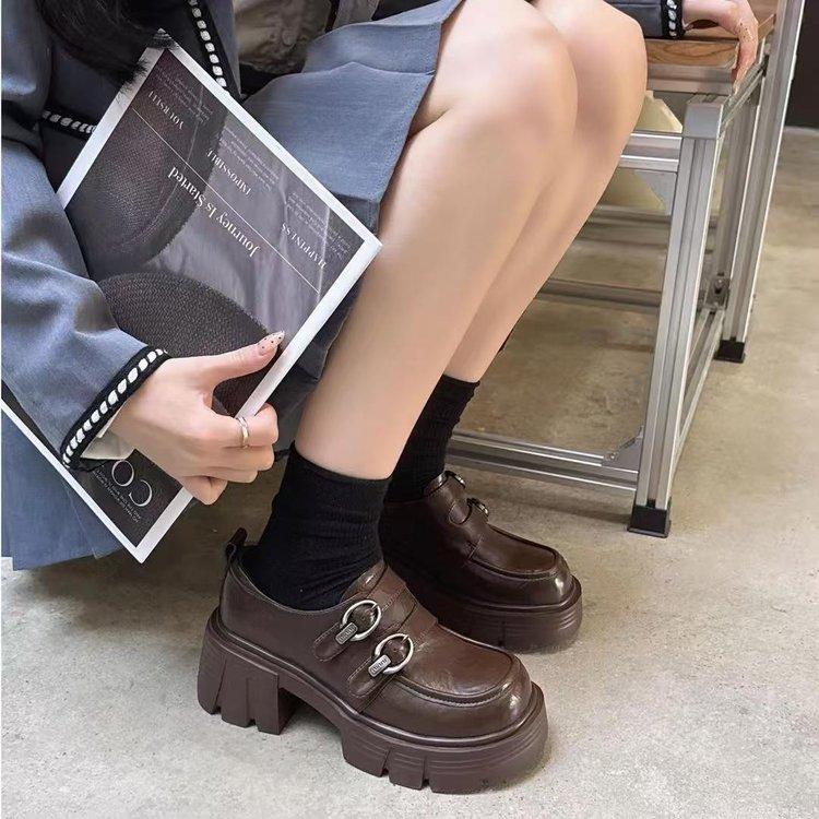 Thick-soled Height-increasing Small Women's Autumn New Shoes Women's Thick-heeled High-heeled Small Leather Shoes Single Shoes
