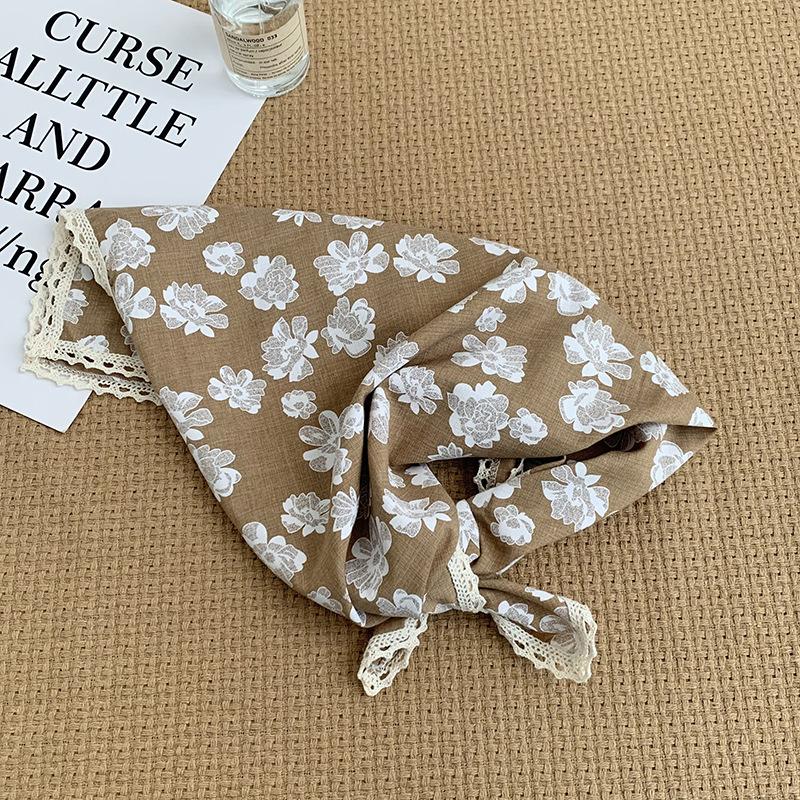 Headscarf Summer women's pastoral floral cotton and linen small square scarf small fresh high-grade lace headband silk scarf scarf
