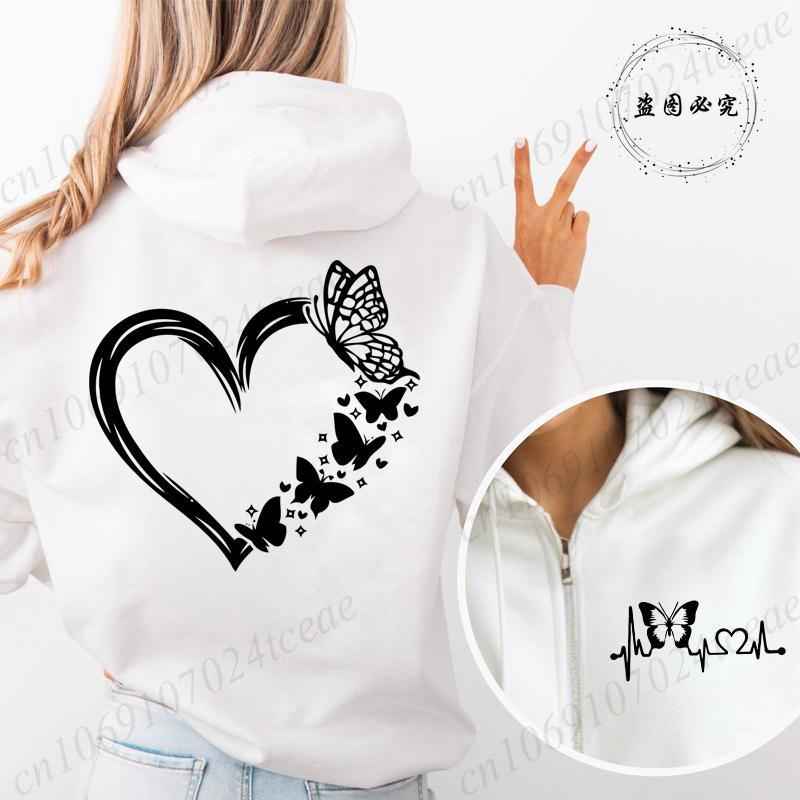 New Fashion Zipper Hooded Hoodie Clothes Butterfly Heart Printed Fashion Sweatshirts Casual Fashion Zip Up Jackets Coat Tops