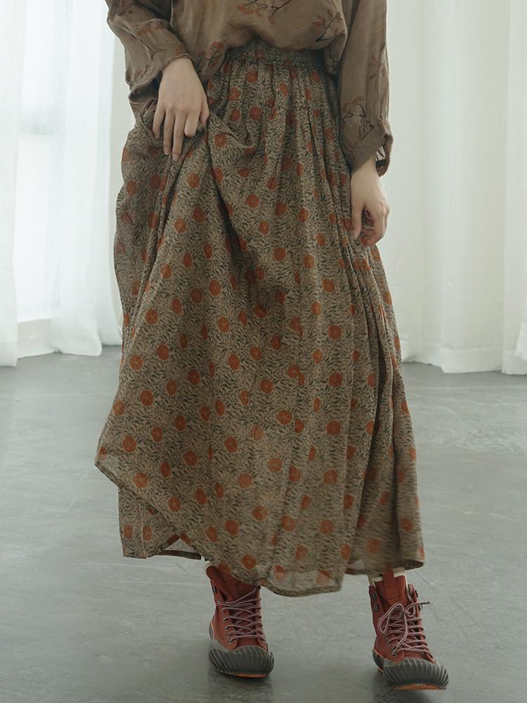 Johnature Dámské vintage potisk květinové ramie sukně elastický pas letní volné měkké vysoce kvalitní dámské sukně