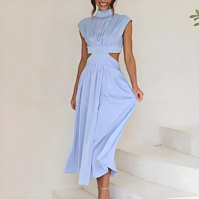 Robe longue d'été sans manches pour femme, col montant, taille ajourée, robe longue trapèze plissée, robe de cocktail