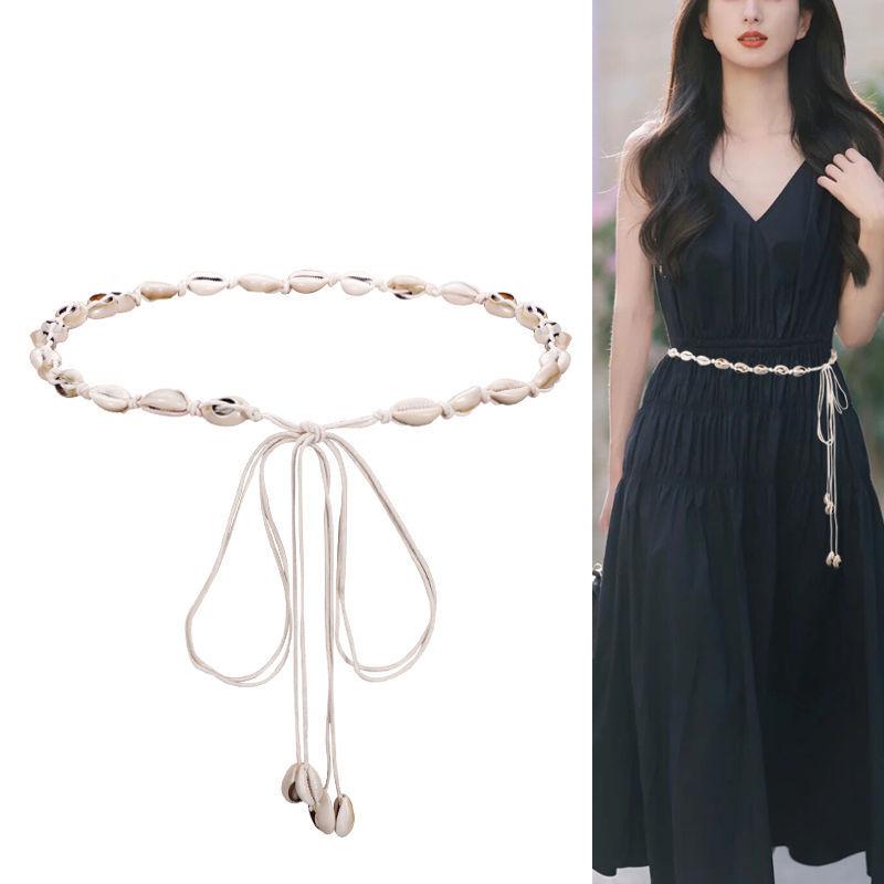 1Pc White Waist Rope Bohemian Style Woven Thin Belt Women's Shell Decoration with Dress Belt Waist Girdle