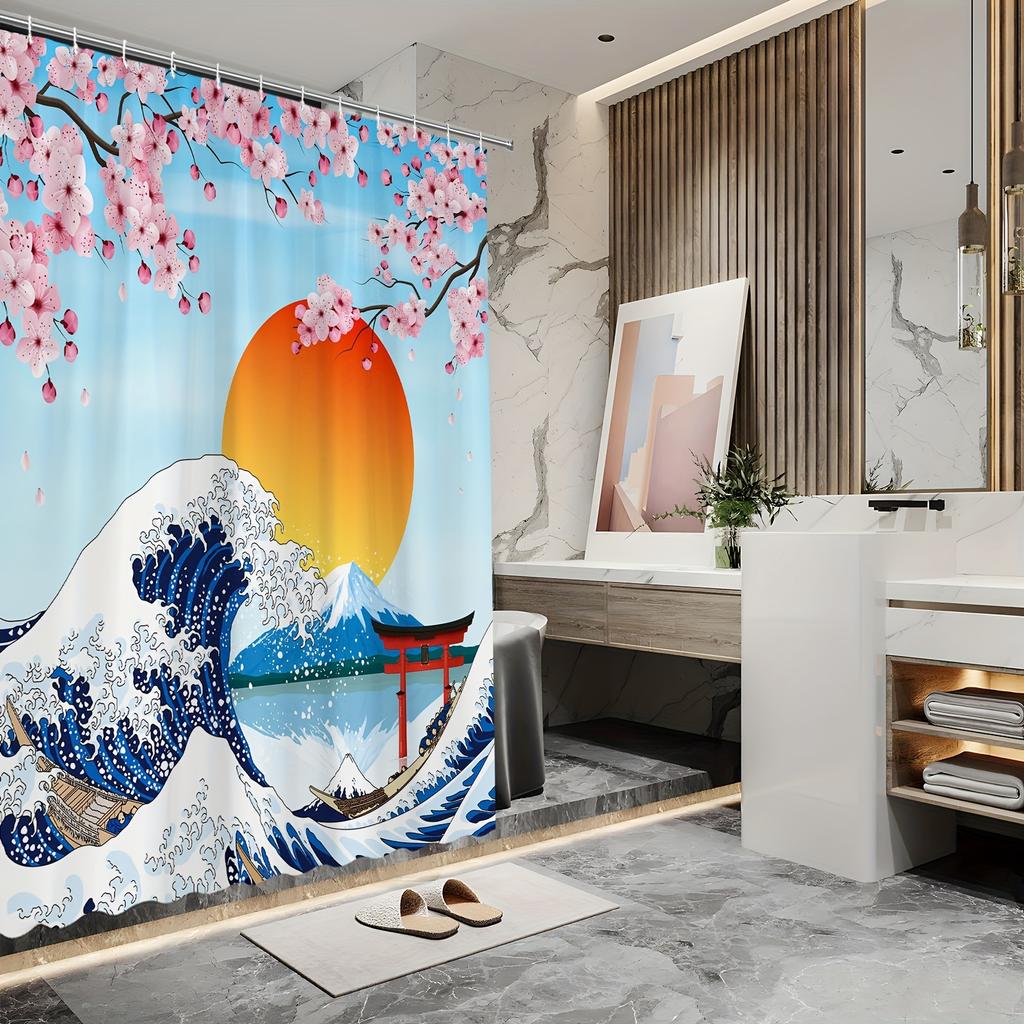 Japanese Art Bath Curtain - Cherry Blossoms, Great Wave, Mount Fuji; Waterproof Home Decor Adds Cultural Charm To Bathroom.