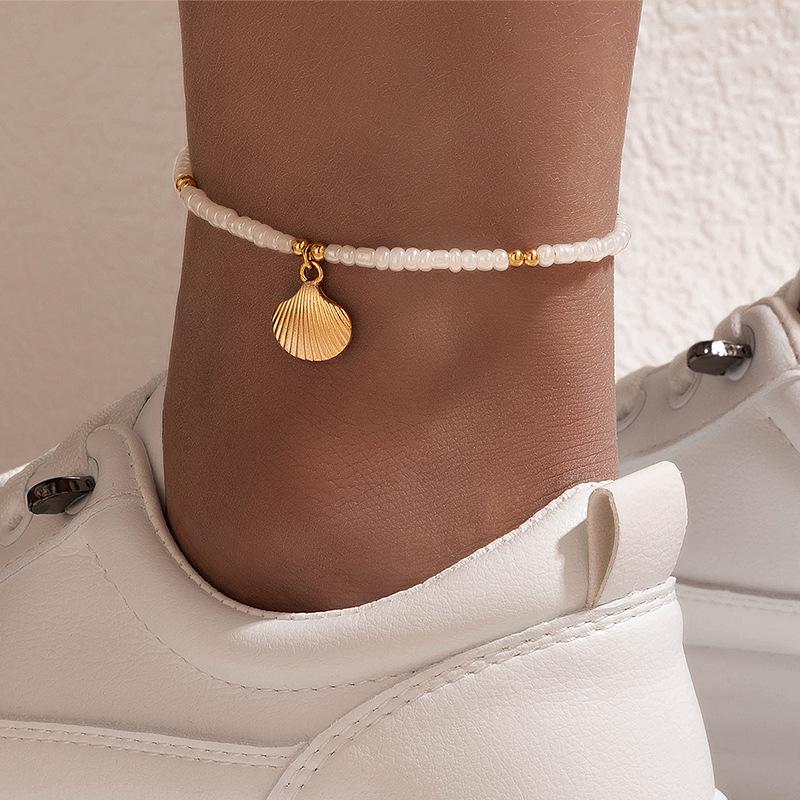 Accessories, handmade DIY rice bead shell multi-layer anklet, chain scallop anklet 5-piece set for women