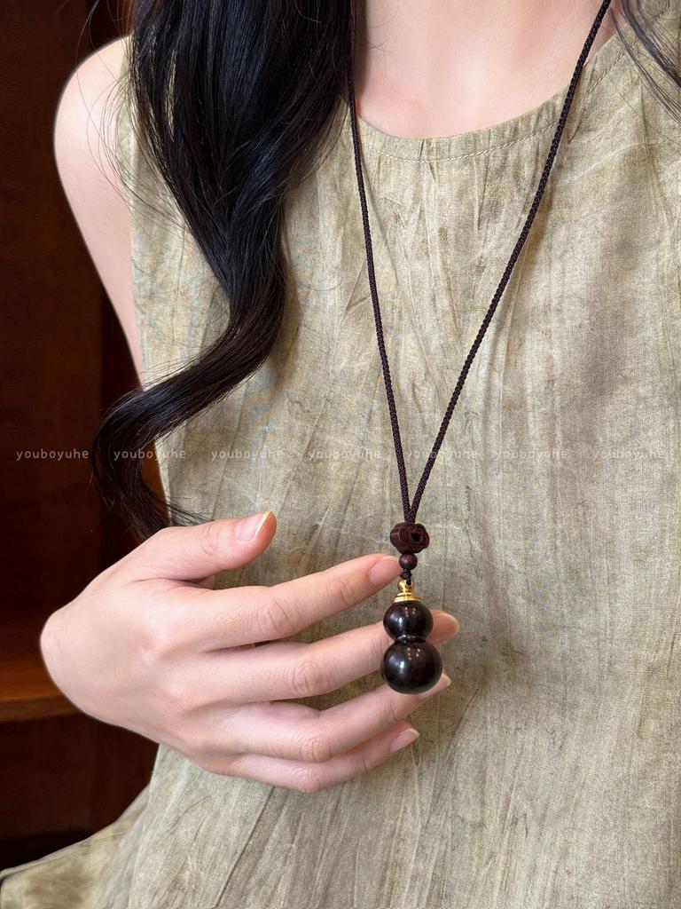 Sandelholz Kürbis Herz Lange Halskette - Retro Ethnischer Stil Damen Anhänger und Pulloverkette