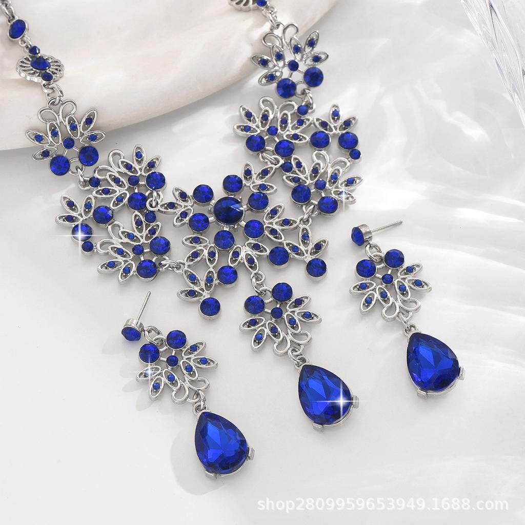 Factory Supply Alloy Jewelry Set Accessories Flower Water Drop Shaped Royal Blue Clavicle Necklace Earrings