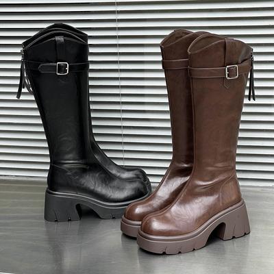 Waterproof Table Thick Bottom But Knee Mid Boots Belt Buckle Soft Leather Rear Zipper Boots Women's Winter