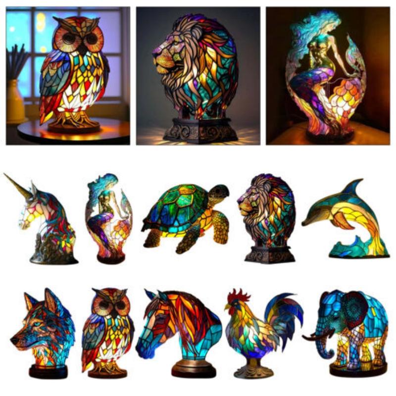 Resin Stained Glass Animal Table Light Night Light Owl Horse Rooster Elephant Table Lamp for Living Room Home Bedroom Decoration