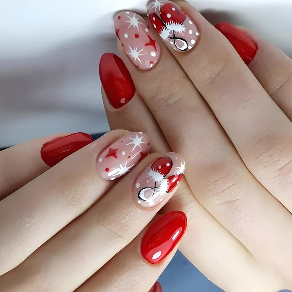 24Pcs Christmas Press On Nails Short Almond French Tips Stick On Nails Gloves Designs Full Cover Acrylic False Nails
