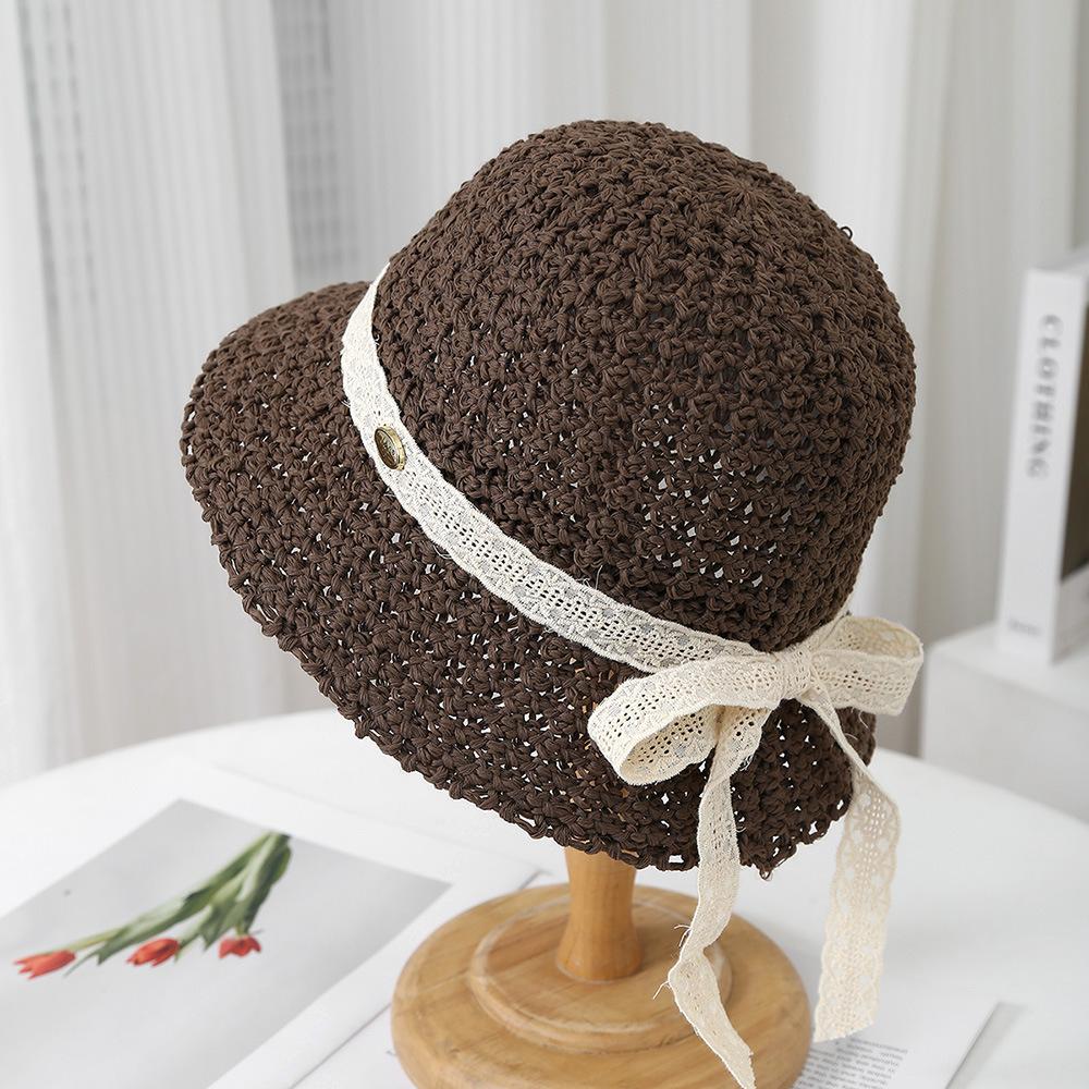 New trendy small fresh big brim women's beach hollow knitted small standard hat simple women's sunshade sunscreen hat