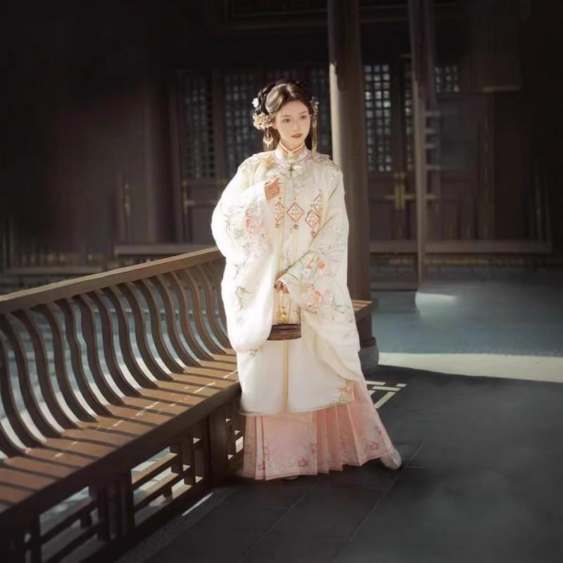 Ming Dynasty Style Hanfu Set Women Embroidered Yunjian Stand Collar Top Horse-Face Skirt Winter Wear