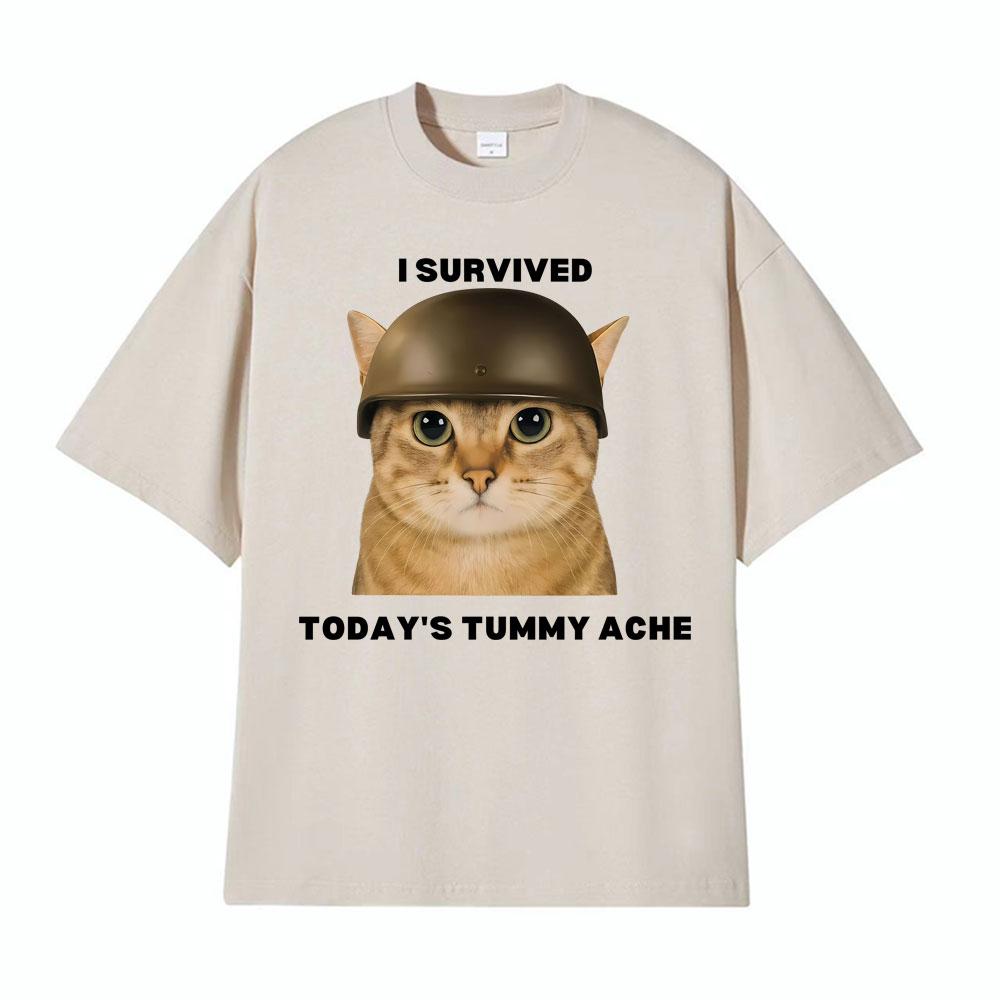 

I Survived Todays Tummy Ache Funny Cat Graphic Tshirt Unisex Women Fashion Oversized T Shirts Hot Sale Cotton Tshirts Streetwear 4XL