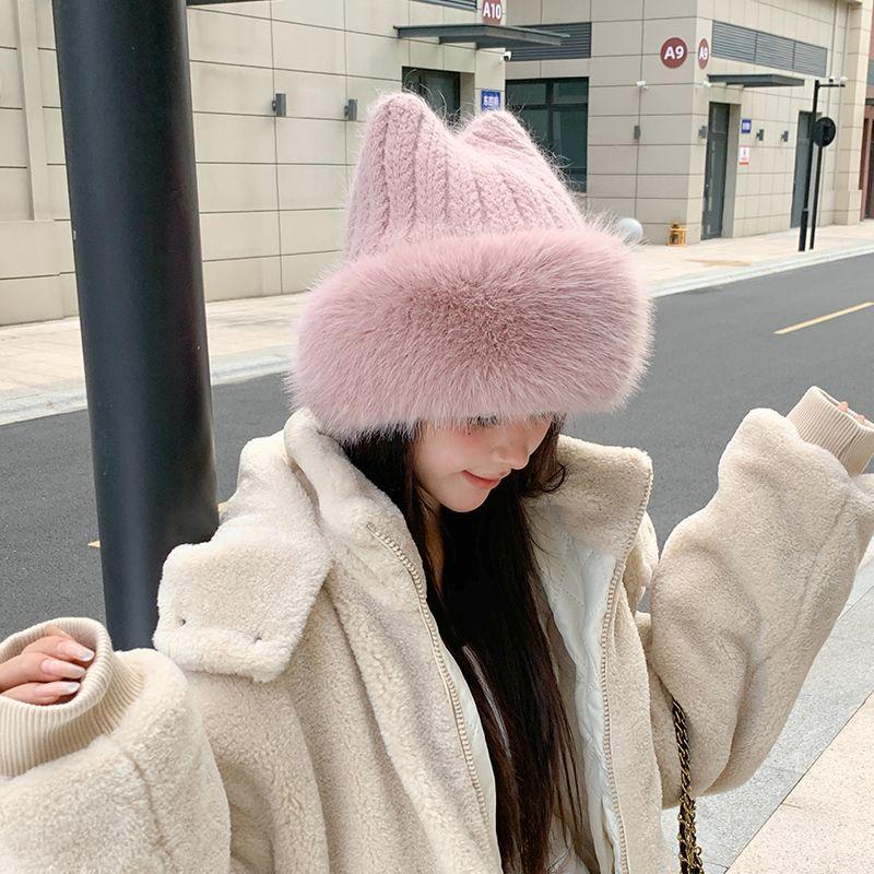 Fashionable and Adorable Cat Ear Hat Autumn Winter Versatile Knitted Hat Thickened Large Circumference Women's Plush Hat