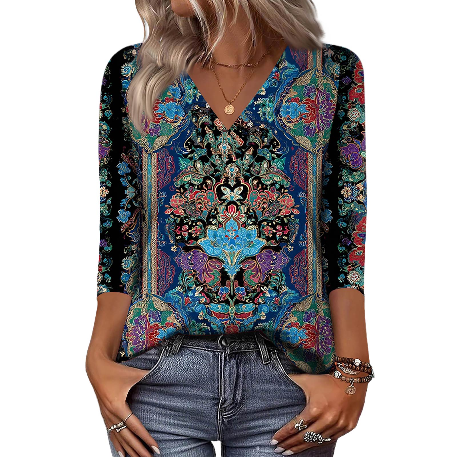 

Женские рубашки с рукавом 3/4, топы с принтом и V-образным вырезом, повседневные топы, базовые футболки, блузки, свободные топы XXL