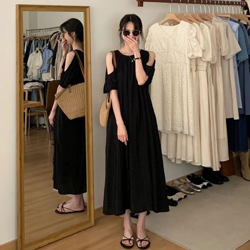 

Design-Sense Plus Size Black Off-the-Shoulder Puff Sleeve Dress for Women - 300 Jin, Summer, Loose Fit Large 90-120 jin чёрный