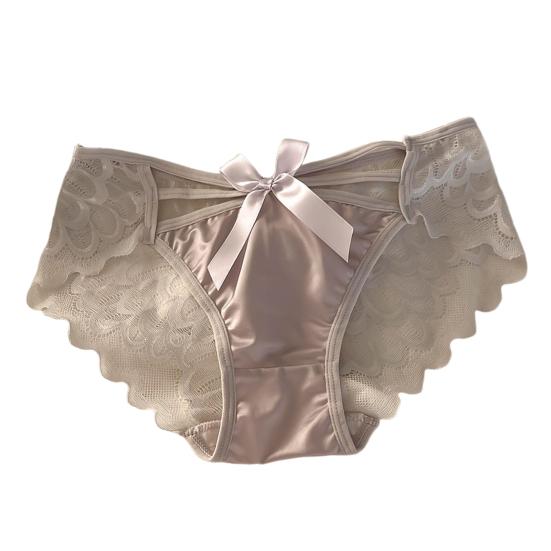 Women Sexy Lace Satin Panties Mid Waist Silky Underwear with Bow Lady Seamless Briefs Invisible Bikini Underwear