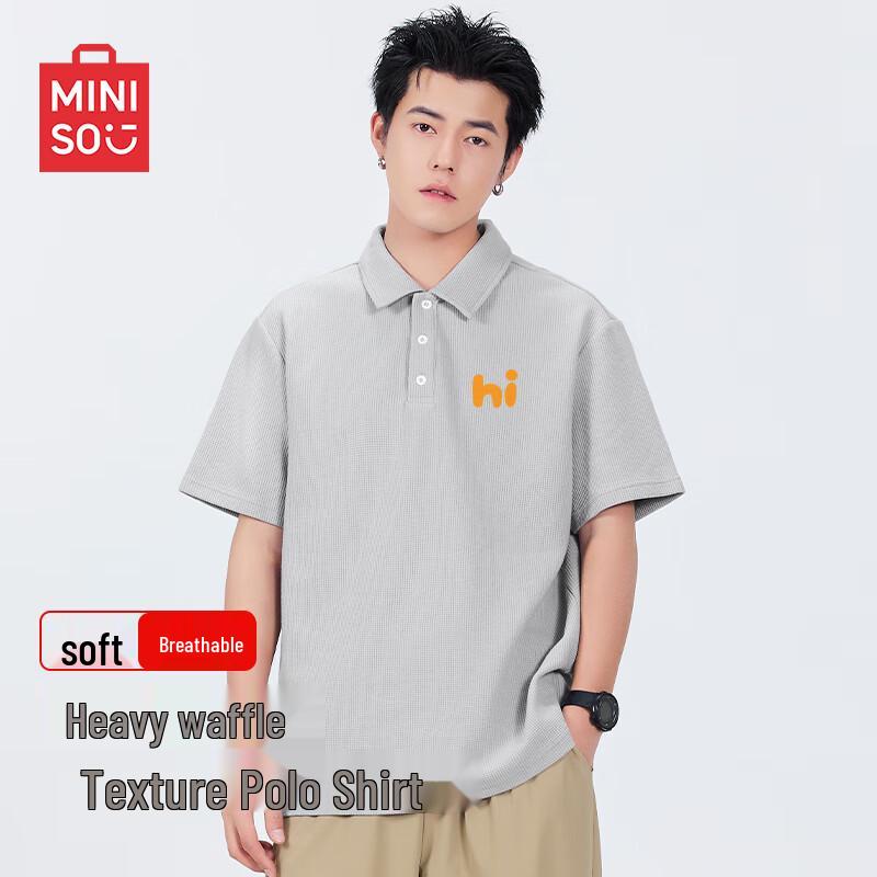 MINISO Men's Heavy Waffle Letter Polo Shirt